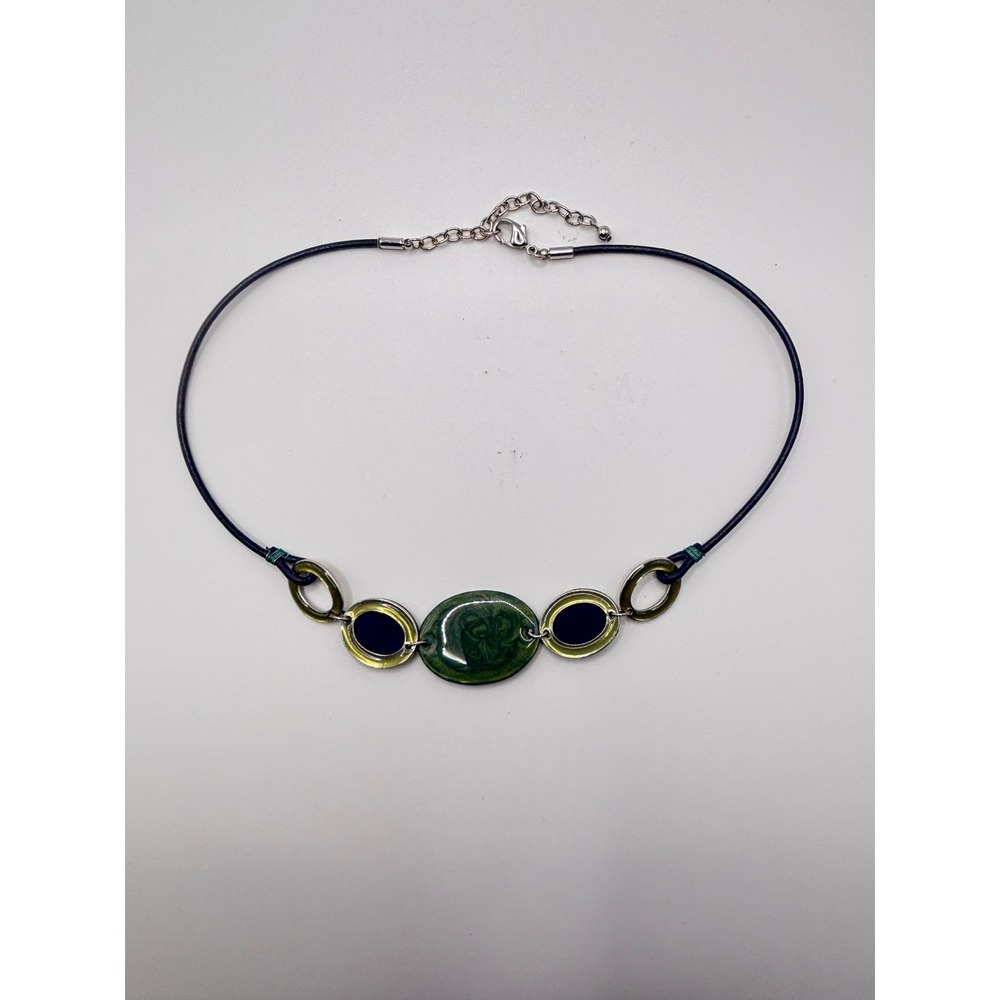 Nine & Company Nine West Green Navy Enamel Oval Cord Necklace NWT 16"